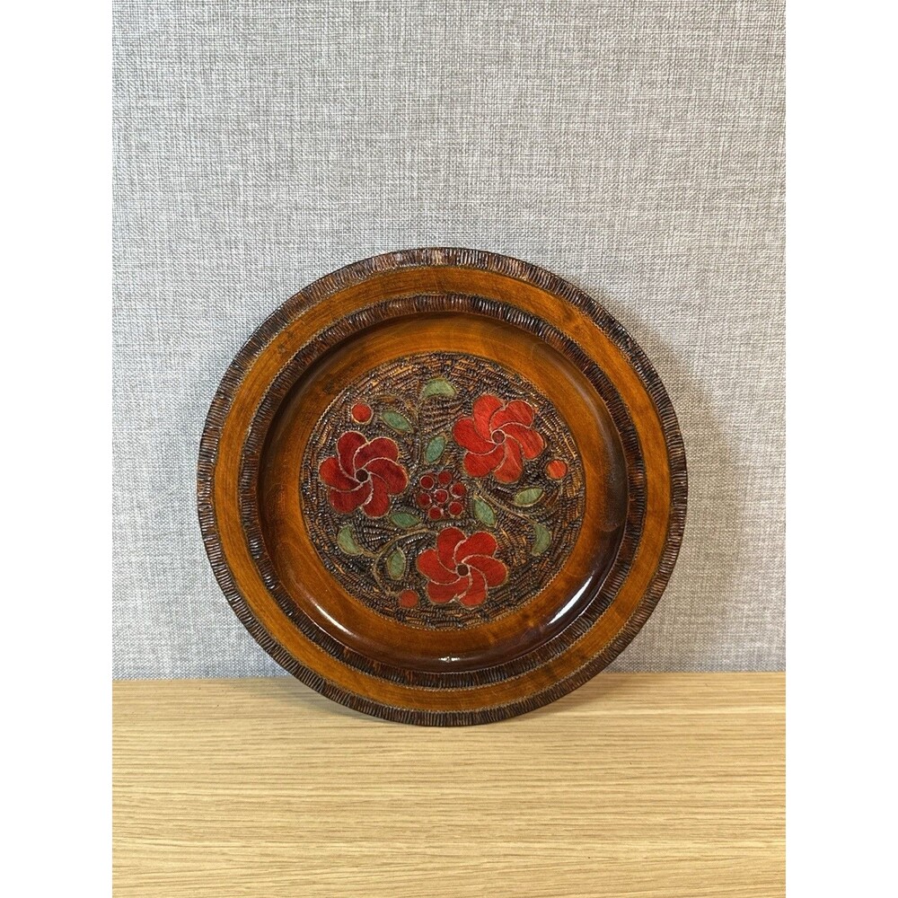 Vintage Polish Folk Art Hand Carved Wood Wall Plate Floral Inlay Made In Poland